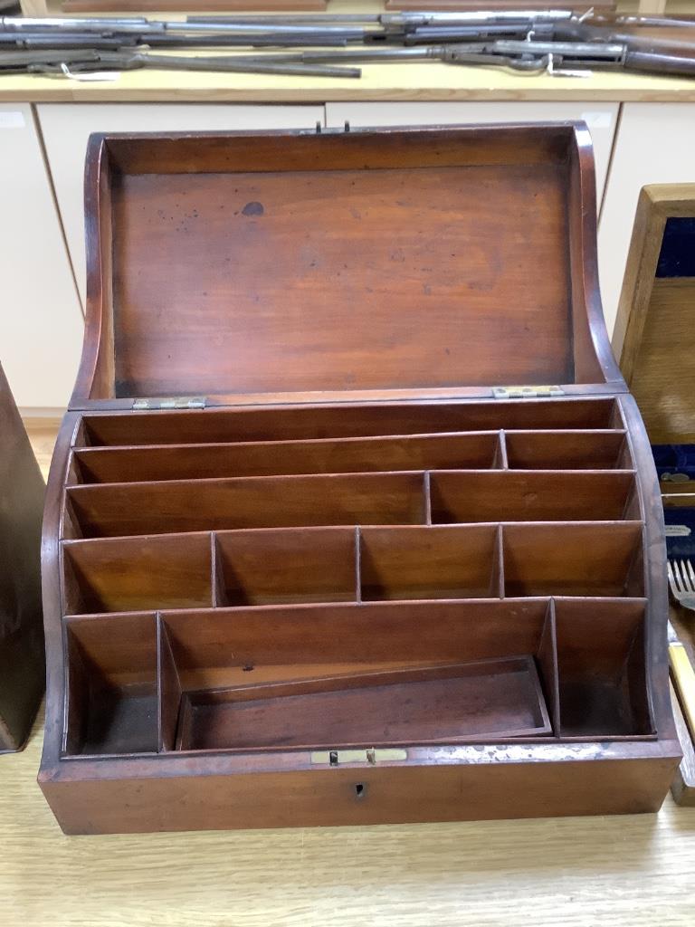 A Georgian knife box (converted to a stationery cabinet), a mahogany stationery box and a canteen of fish eaters